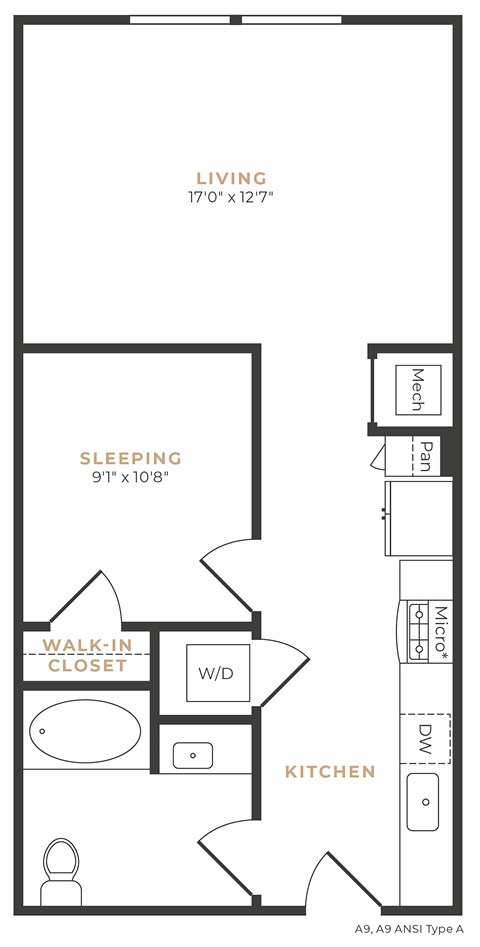 Floor plan for studio, 1 bath, 647 sqft